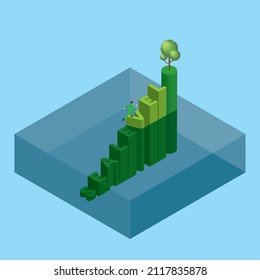 Global warming and environmental concern concept of sea level rise, flood, climate change, greenhouse effect, deforestation. A man runs and steps up a text word SEA LEVEL underwater to a tree on top.