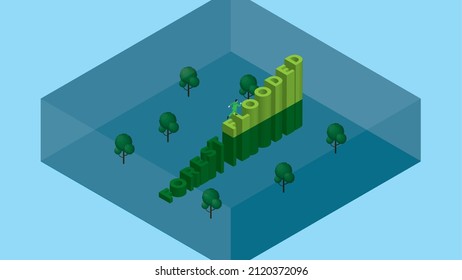 Global warming and environmental concern concept of sea level rise, flood, climate change, greenhouse effect, deforestation. A man runs and steps up a text word FOREST FLOODED with trees underwater.