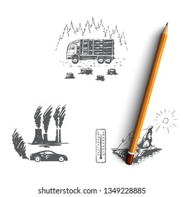 Global warming - factory pollution, iceberg melting, cutting down trees vector concept set. Hand drawn sketch isolated illustration