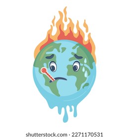 Global warming and fires, earth pollution and environmental problems. Isolated globe with thermometer and flame on surface, fever. Vector in flat style