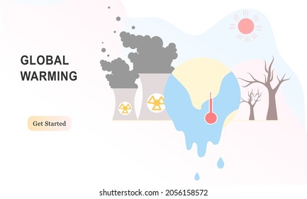 Global Warming flat design concept for landing page. Modern flat vector illustration suitable for web, mobile, and UI. Pollution, ground heating, high degree, climate change, hot weather concept.