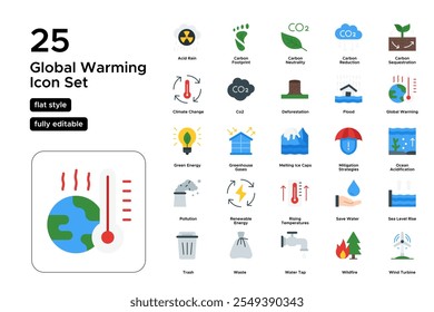 Global Warming Flat Icon Set: Melting Ice Caps, Extreme Weather, and Climate Change Icons