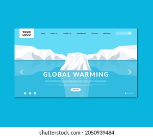 global warming flat landing page design. homepage design climate change template. iceberg broke, melted glacier