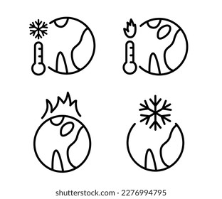 Global warming globe erath icon line black temperature thermometer rise snow burning