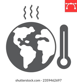 Global warming glyph icon, climate change and ecology, earth with thermometer vector icon, vector graphics, editable stroke solid sign, eps 10.