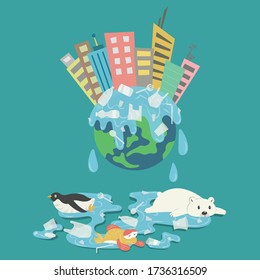 Global warming graphic art poster vector illustration. Earth climate change art cartoon. Greenhouse effect. Effect of climate change to polar bear, penguin , and fish. Polar ice melting.