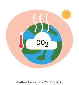 Global Warming Graphic with Earth, CO2 Cloud, and Red Thermometer
