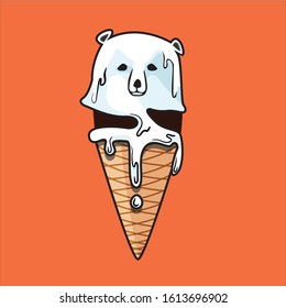 Global warming, Graphic illustration of a melting polar bear, like ice cream cone coating