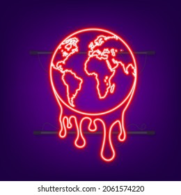 Global warming, Graphic illustration of a melting earth. Neon icon