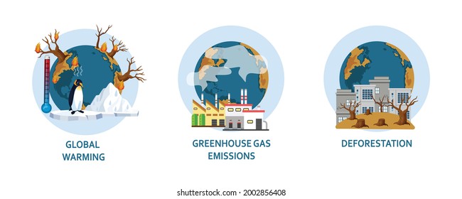 Global Warming,  Greenhoese Gas Emmisions, Deforestation Vector Illustration. Ice Floe Flat Illustration, Sea Level Rise, Nature Damage.