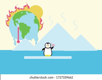 Global Warming. Greenhouse Effect And Climate Change Concept. Sea Level Rise With Penguin On Floating Ice. Colorful Vector Illustration