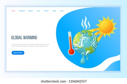 Global warming, ground heating, high degree outdoor, sun and hot weather. Environmental cataclysm, problem of sunlight and disaster, danger vector. Website or landing page flat style for Earth day