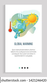 Global warming, ground heating, high degree outdoor, sun and hot weather. Environmental cataclysm, problem of sunlight and disaster, danger vector. Slider for ecology app, save planet. Earth day