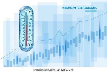 Global warming growing trend ecology problem eco concept. Renewable energy against greenhouse effect 3D render. Science chemistry biotechnology polygonal climatic technology vector illustration