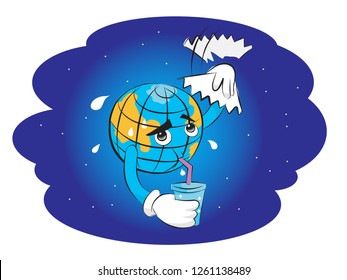 global warming and he cooling down himself by drink cold water and paper blow vector illustration isolated cartoon