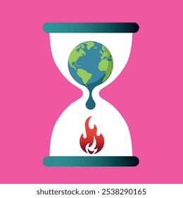 Global warming health icon. Sand of time with Earth. pink background. Vector illustration. 