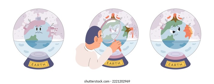 Calentamiento global. Temperatura alta y clima caluroso Tierra. Concepto de cambio climático. Planeta de deshielo caliente. Impacto del calentamiento global. Gente pequeña. Aumento de la temperatura global. La gente usa energía en el planeta