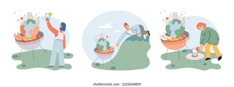 Global warming. High temperature and hot weather Earth. Climate change concept. Hot melt planet earth. Global warming heating impact. Tiny people. Raising global temperature. People energy use planet