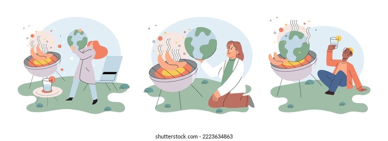 Global warming. High temperature and hot weather Earth. Climate change concept. Hot melt planet earth. Global warming heating impact. Tiny people. Raising global temperature. People energy use planet