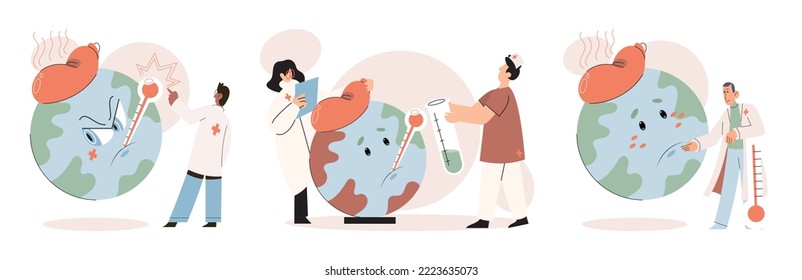 Global warming. High temperature and hot weather Earth. Climate change concept. Hot melt planet earth. Global warming heating impact. Tiny people. Raising global temperature. People energy use planet