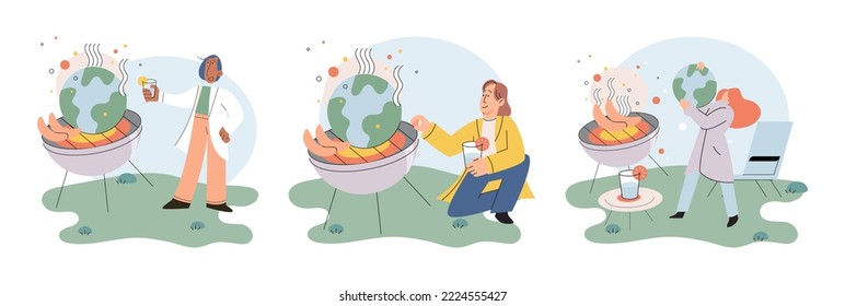Calentamiento global. Temperatura alta y clima caluroso Tierra. Concepto de cambio climático. Planeta de deshielo caliente. Impacto del calentamiento global. Gente pequeña. Aumento de la temperatura global. La gente usa energía en el planeta