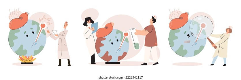Global warming. High temperature and hot weather Earth. Climate change concept. Hot melt planet earth. Global warming heating impact. Tiny people. Raising global temperature. People energy use planet