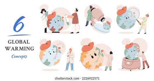 Global warming. High temperature and hot weather Earth. Climate change concept. Hot melt planet earth. Global warming heating impact. Tiny people. Raising global temperature. People energy use planet