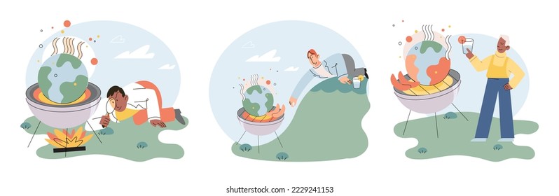 Global warming. High temperature and hot weather Earth. Climate change concept. Hot melt planet earth. Global warming heating impact. Tiny people. Raising global temperature. People energy use planet