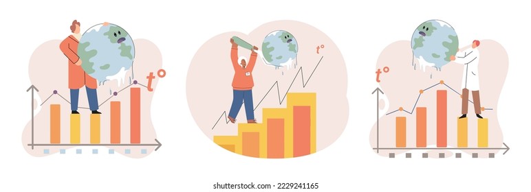 Global warming. High temperature and hot weather Earth. Climate change concept. Hot melt planet earth. Global warming heating impact. Tiny people. Raising global temperature. People energy use planet