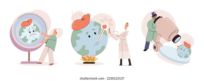 Global warming. High temperature and hot weather Earth. Climate change concept. Hot melt planet earth. Global warming heating impact. Tiny people. Raising global temperature. People energy use planet