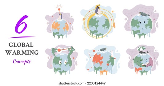 Global warming. High temperature and hot weather Earth. Climate change concept. Hot melt planet earth. Global warming heating impact. Tiny people. Raising global temperature. People energy use planet