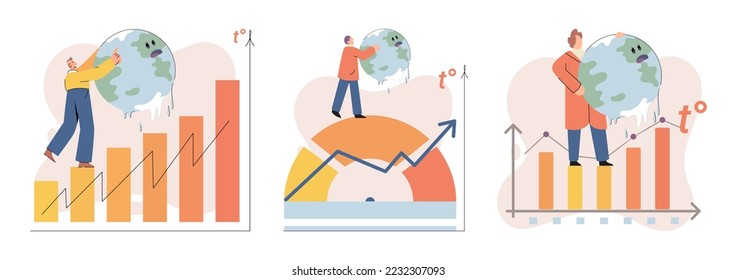 Global warming. High temperature and hot weather Earth. Climate change concept. Hot melt planet earth. Global warming heating impact. Tiny people. Raising global temperature. People energy use planet