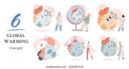 Global warming. High temperature and hot weather Earth. Climate change concept. Hot melt planet earth. Global warming heating impact. Tiny people. Raising global temperature. People energy use planet