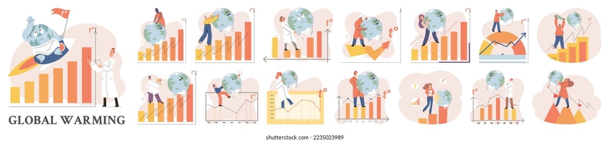 Global warming. High temperature and hot weather Earth. Climate change concept. Hot melt planet earth. Global warming heating impact. Tiny people. Raising global temperature. People energy use planet