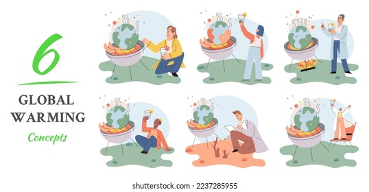 Global warming. High temperature and hot weather Earth. Climate change concept. Hot melt planet earth. Global warming heating impact. Tiny people. Raising global temperature. People energy use planet