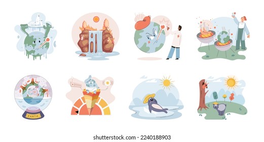 Global warming. High temperature and hot weather Earth. Climate change concept. Hot melt planet earth. Global warming heating impact. Tiny people. Raising global temperature. People energy use planet