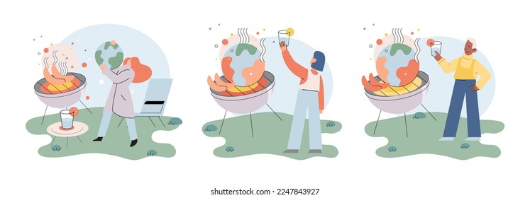 Global warming. High temperature and hot weather Earth. Climate change concept. Hot melt planet earth. Global warming heating impact. Tiny people. Raising global temperature. People energy use planet