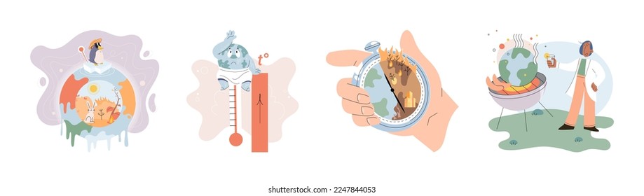 Global warming. High temperature and hot weather Earth. Climate change concept. Hot melt planet earth. Global warming heating impact. Tiny people. Raising global temperature. People energy use planet