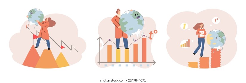 Global warming. High temperature and hot weather Earth. Climate change concept. Hot melt planet earth. Global warming heating impact. Tiny people. Raising global temperature. People energy use planet