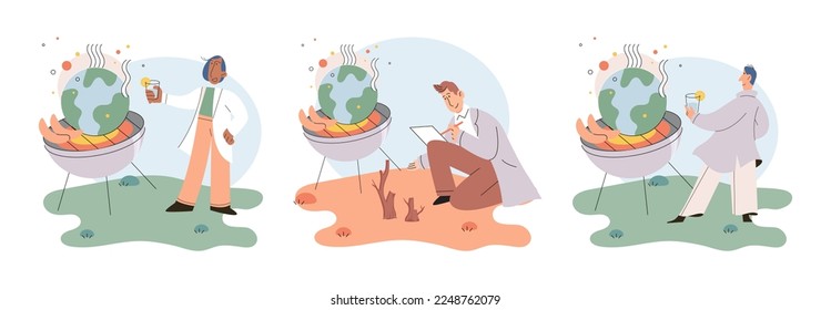 Global warming. High temperature and hot weather Earth. Climate change concept. Hot melt planet earth. Global warming heating impact. Tiny people. Raising global temperature. People energy use planet