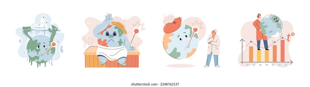 Erderwärmung. Hohe Temperatur und heißes Wetter Erde. Konzept des Klimawandels. Heissschmelze Erde. Erderwärmung - Auswirkungen. Kleine Leute. Erhöhung der globalen Temperatur. Energieverbrauch der Menschen auf dem Planeten