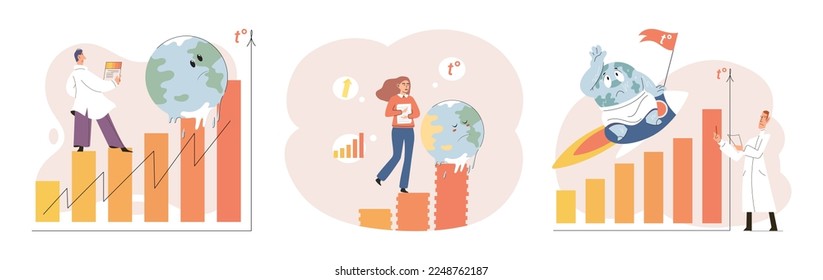 Global warming. High temperature and hot weather Earth. Climate change concept. Hot melt planet earth. Global warming heating impact. Tiny people. Raising global temperature. People energy use planet