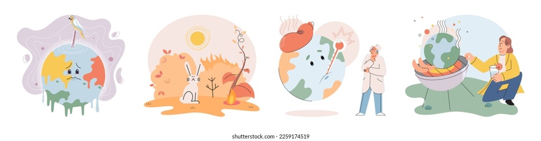 Erderwärmung. Hohe Temperatur und heißes Wetter Erde. Konzept des Klimawandels. Heissschmelze Erde. Erderwärmung - Auswirkungen. Kleine Leute. Erhöhung der globalen Temperatur. Energieverbrauch der Menschen auf dem Planeten