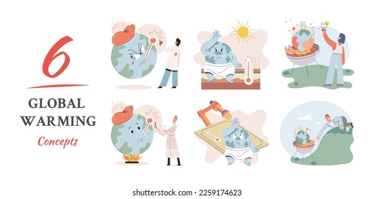 Global warming. High temperature and hot weather Earth. Climate change concept. Hot melt planet earth. Global warming heating impact. Tiny people. Raising global temperature. People energy use planet