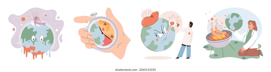 Calentamiento global. Temperatura alta y clima caluroso Tierra. Concepto de cambio climático. Planeta de deshielo caliente. Impacto del calentamiento global. Gente pequeña. Aumento de la temperatura global. La gente usa energía en el planeta