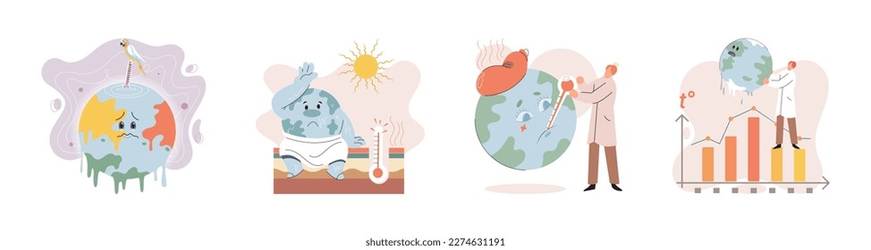 Global warming. High temperature and hot weather Earth. Climate change concept. Hot melt planet earth. Global warming heating impact. Tiny people. Raising global temperature. People energy use planet