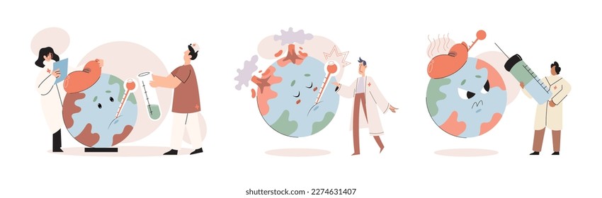 Global warming. High temperature and hot weather Earth. Climate change concept. Hot melt planet earth. Global warming heating impact. Tiny people. Raising global temperature. People energy use planet