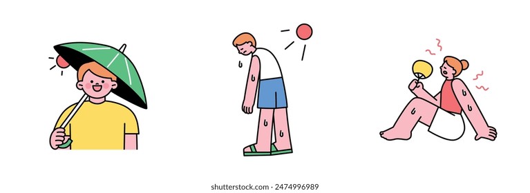 Global warming. Hot summer, a person wearing a yangshan, a person standing in sweat, a person fanning himself. outline simple vector illustration.