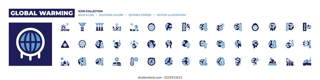 Global warming icon collection. Bold style. Duotone colors. global warming, drought, global, climate change, heat, greenhouse effect, thermometer, air pollution.