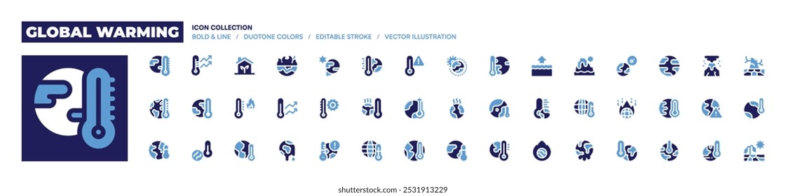 Global warming icon collection. Bold style. Duotone colors. global warming, eco house, ozone, rising, heat, earth, drought, polar ice, desertification, volcano.